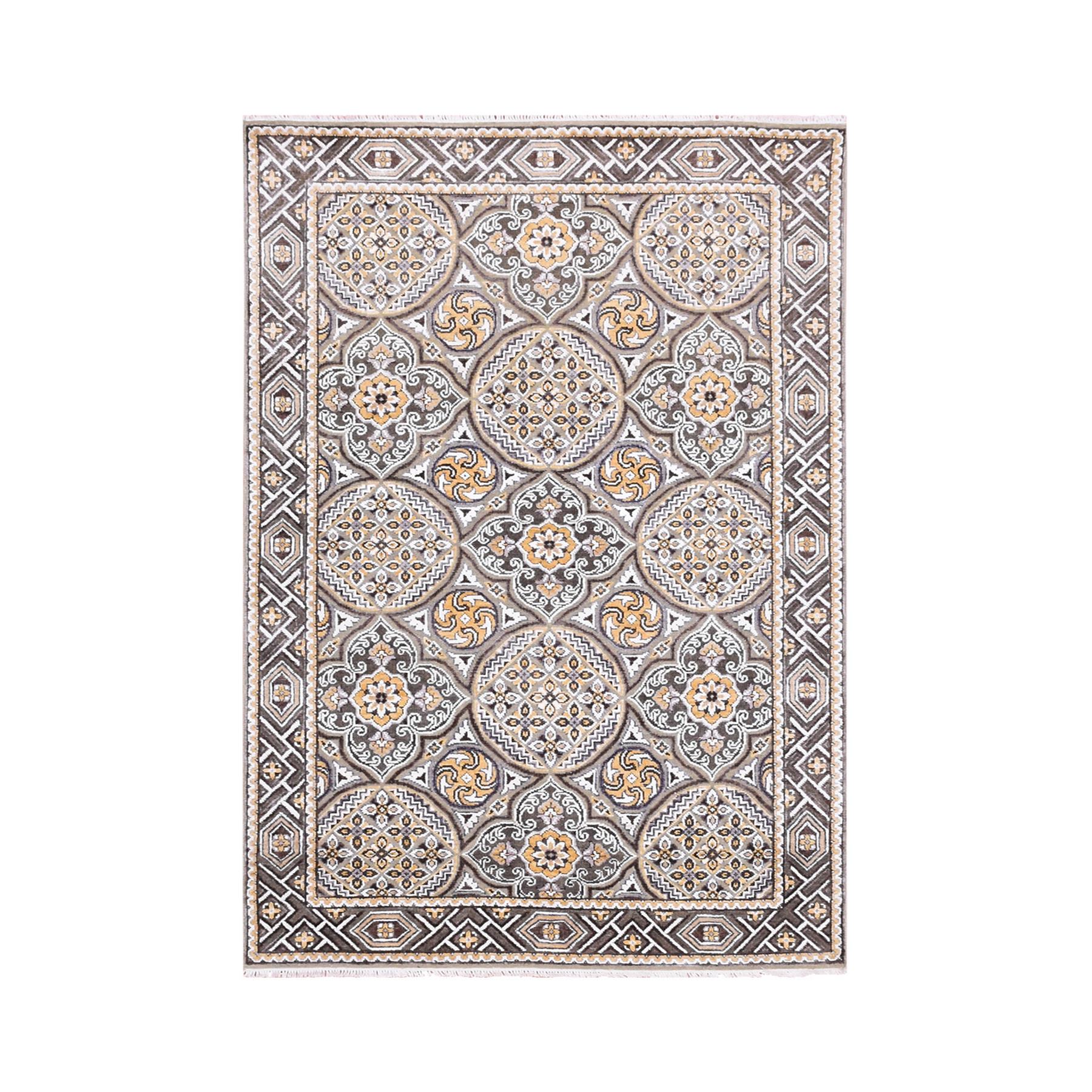 4'x6'2" Taupe-Brown Mughal Inspired Medallions Design Textured Wool and Silk Hand-Knotted Oriental Rug 